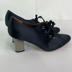 Privata black satin pointed toe lace up pewter heel shoes